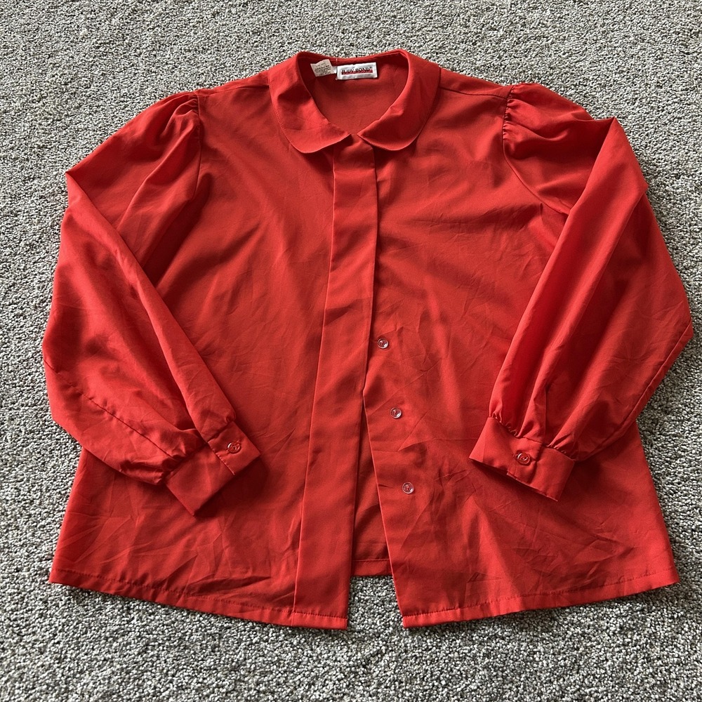 Vintage Judy Bond Top Womens 12 Red Peter Pan Collar Button Blouse Long Sleeve